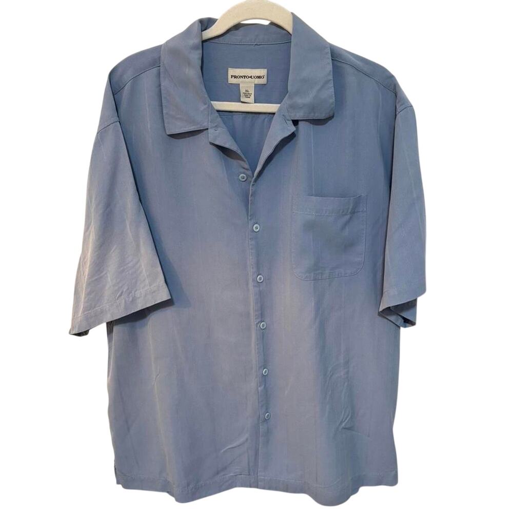 Pronto Uomo 100% Silk Blue Short Sleeve Button Up Shirt Men’s XL Luxury - Picture 2 of 7